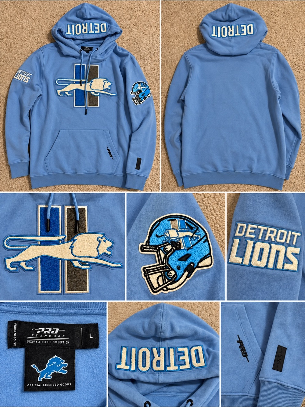 Detroit Lions Light Blue Pullover Hoodie Pro Stitch NEW!